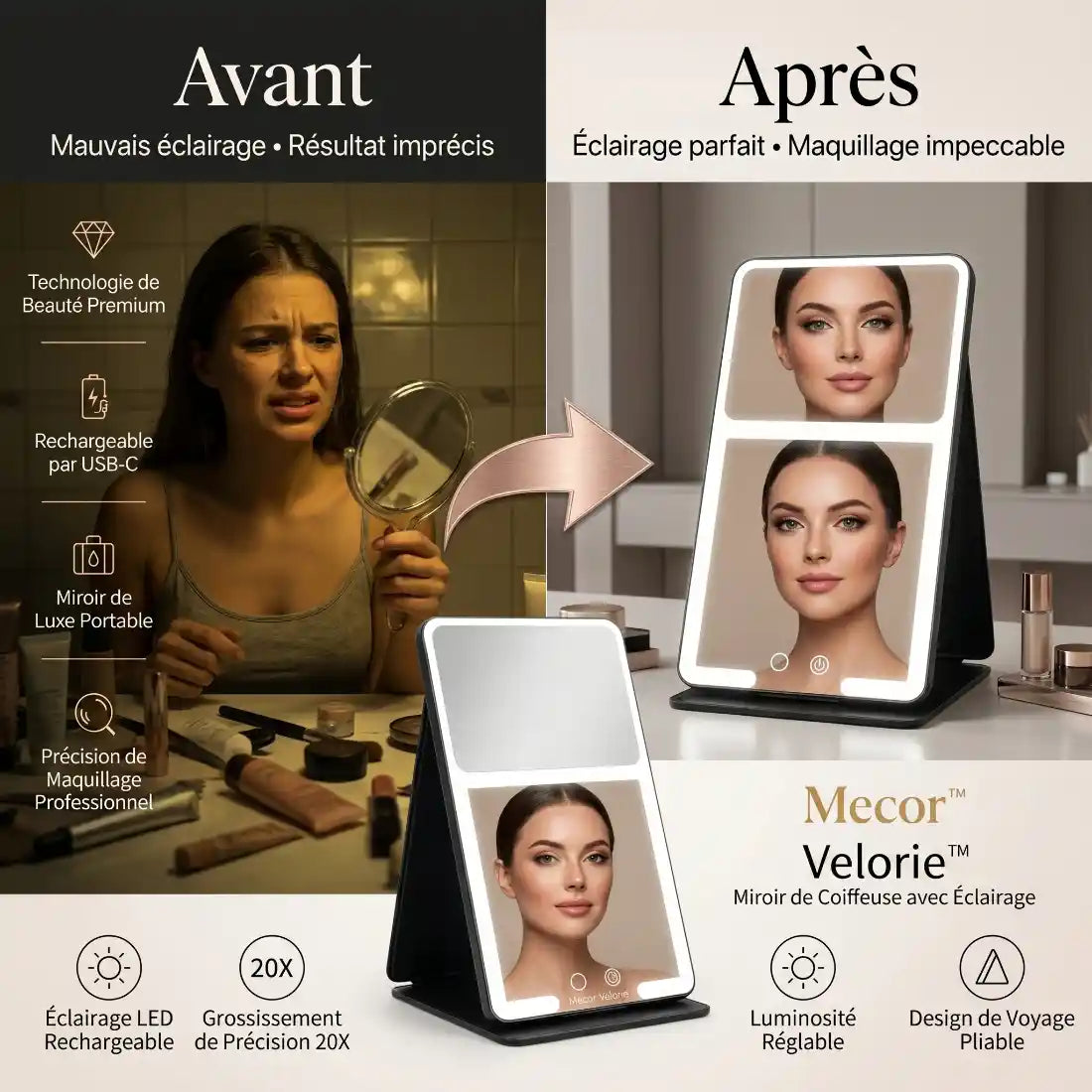 Velorie – Miroir Coiffeuse Lumineux LED