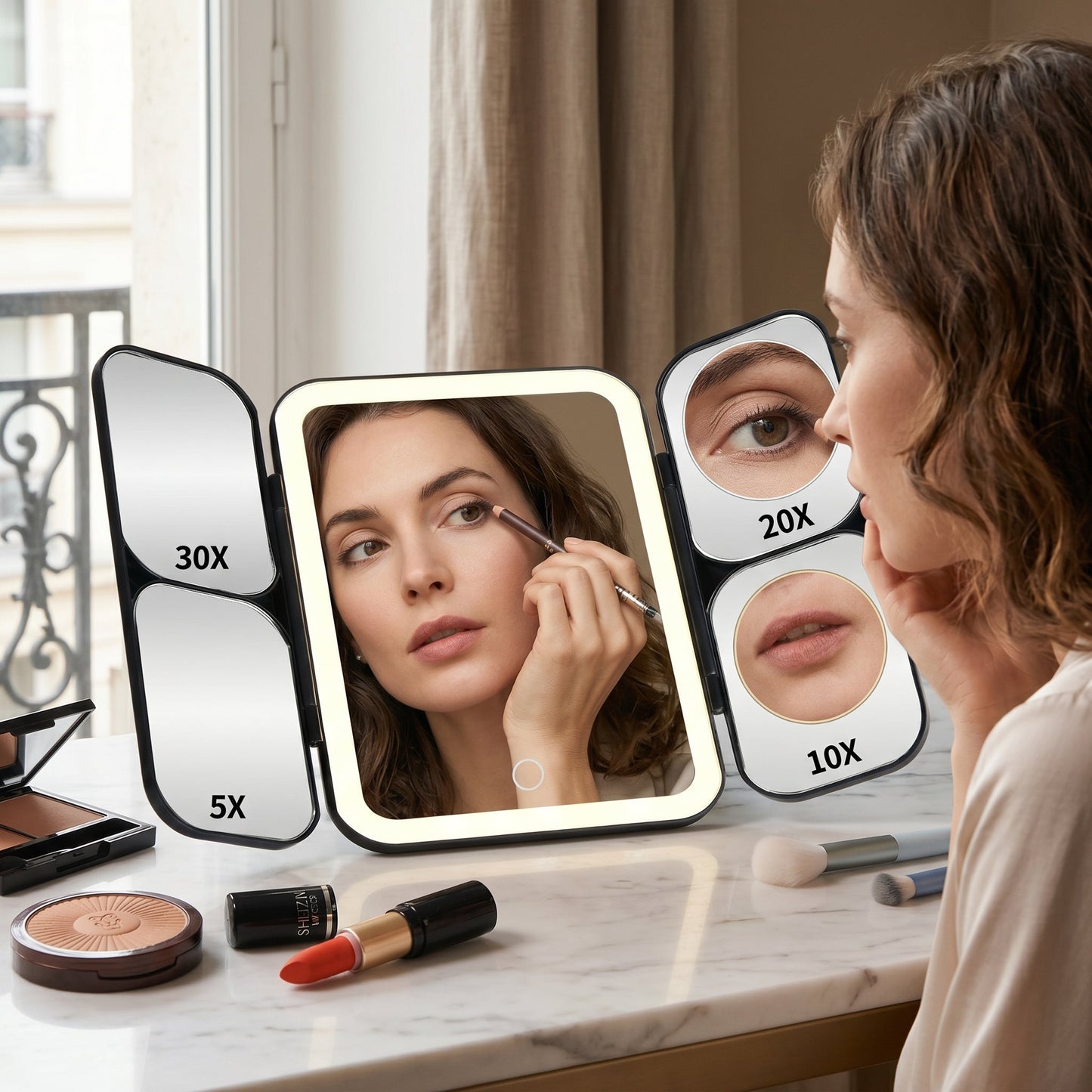 Lumirève – Miroir de Coiffeuse LED Triptyque Grossissant