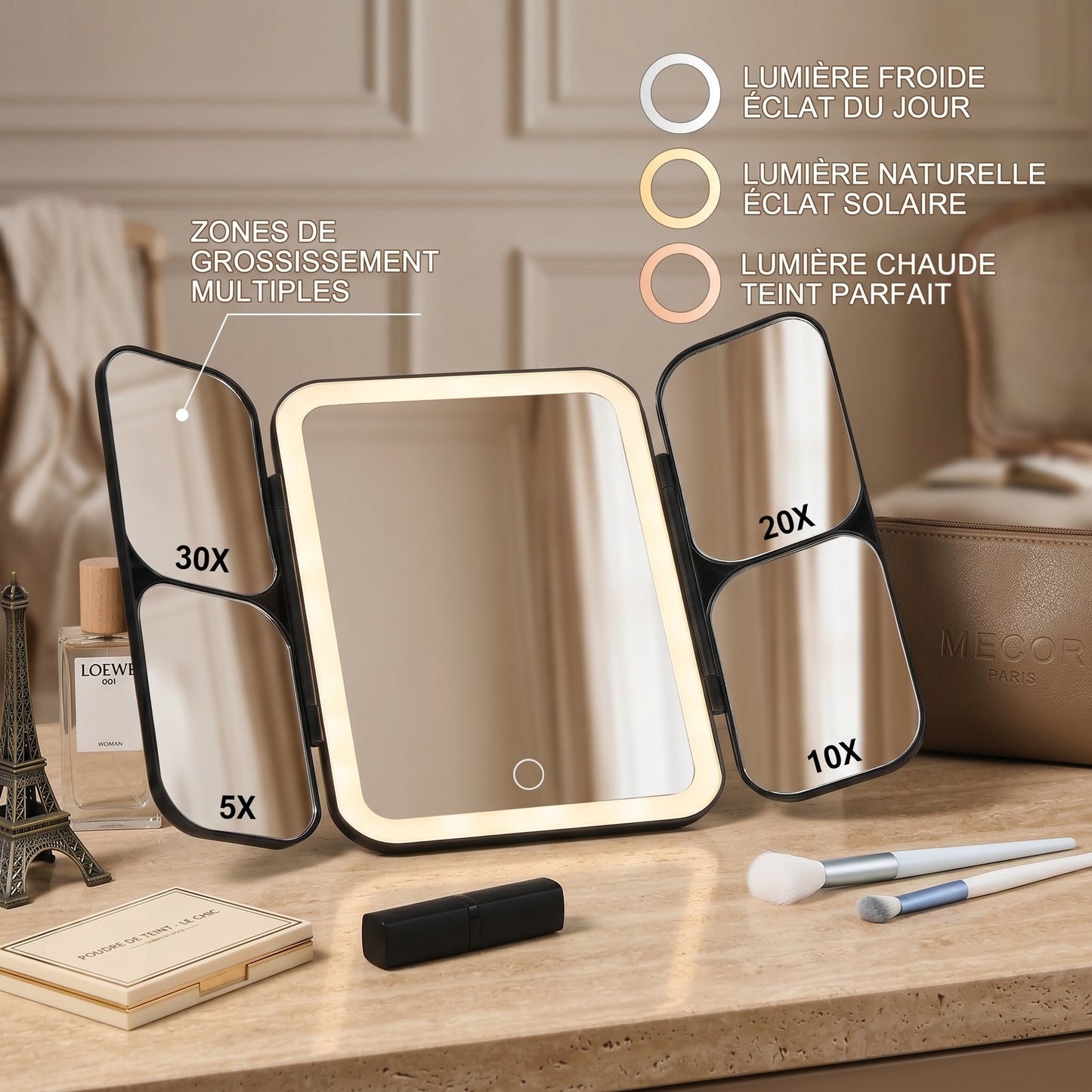 Lumirève – Miroir de Coiffeuse LED Triptyque Grossissant