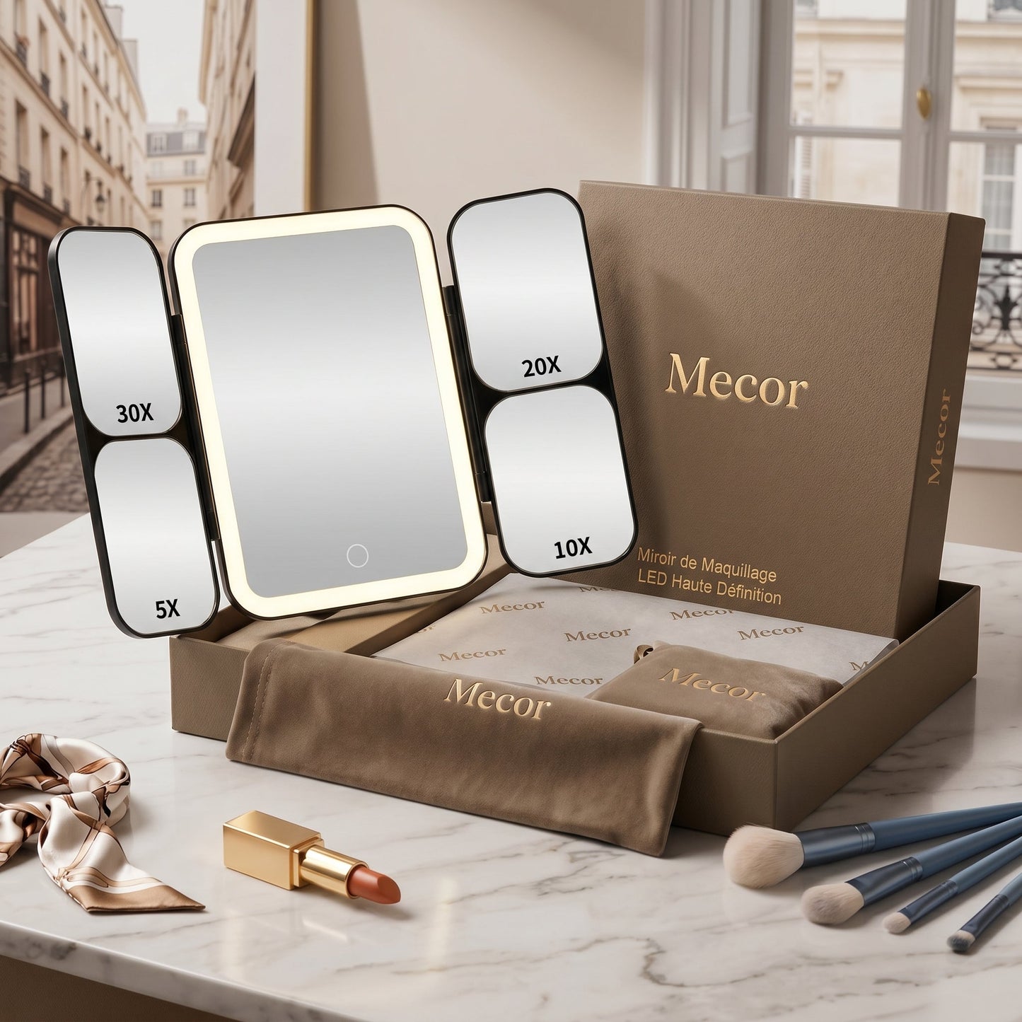 Lumirève – Miroir de Coiffeuse LED Triptyque Grossissant