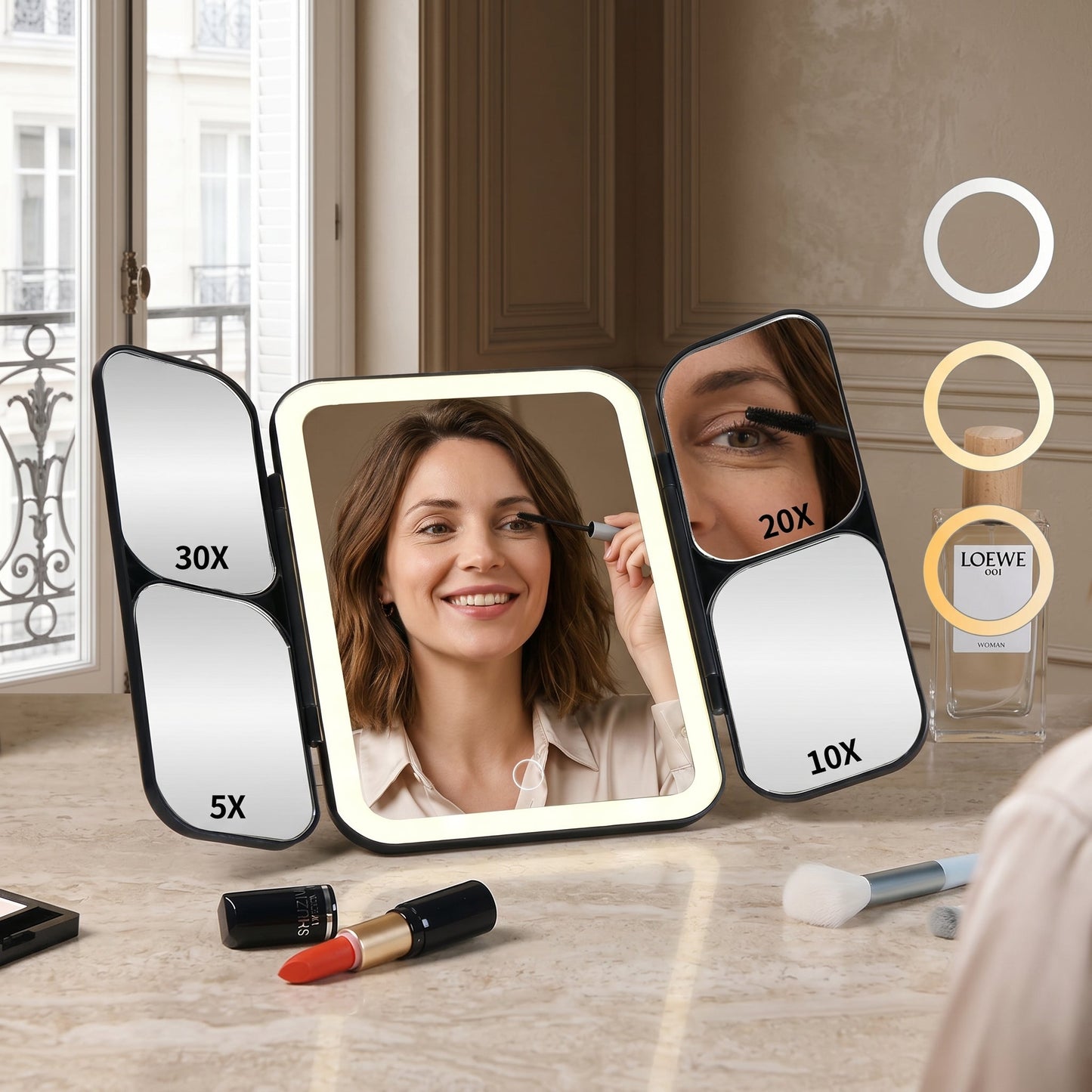 Lumirève – Miroir de Coiffeuse LED Triptyque Grossissant