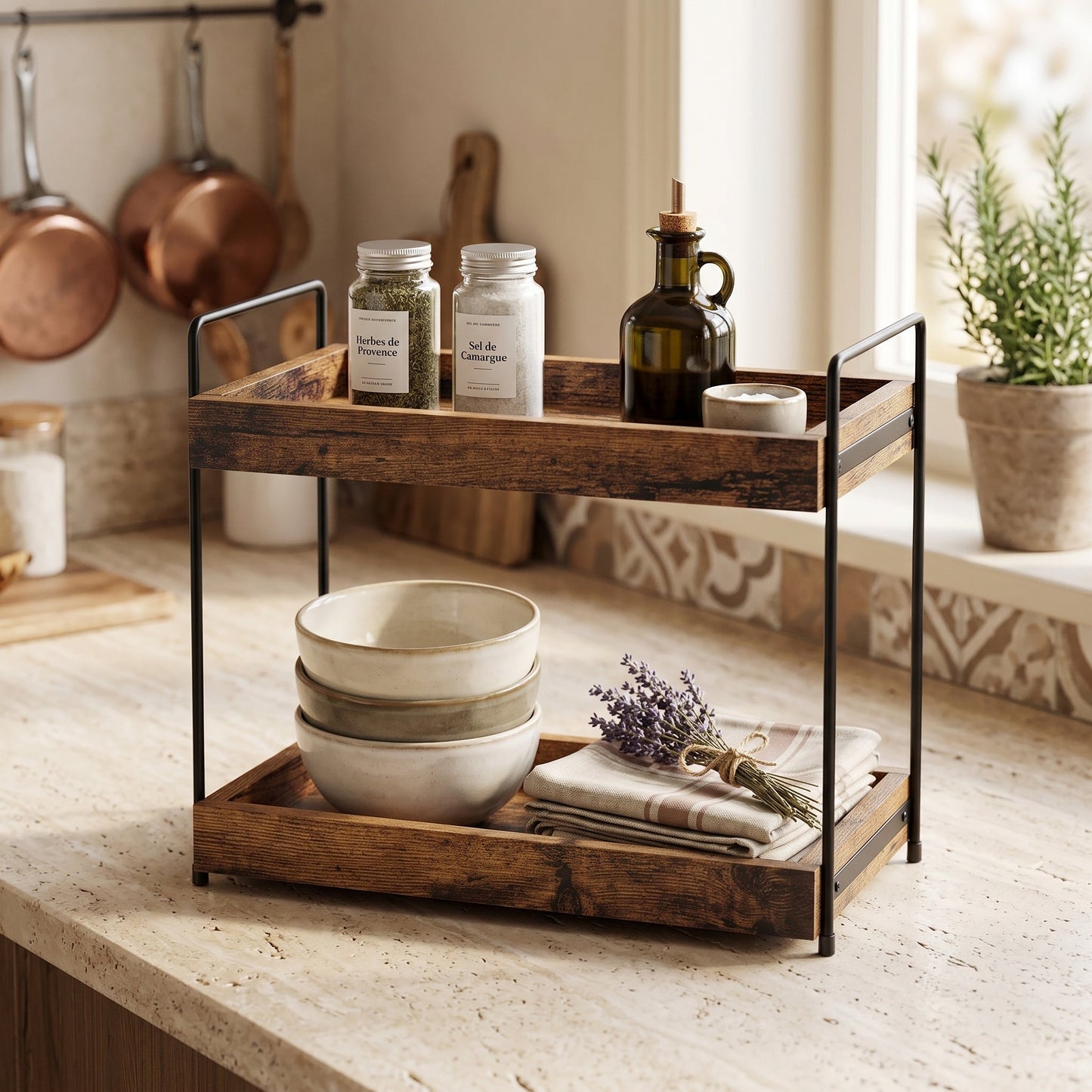 Rovesk – Étagère de Rangement Bois 2 Niveaux Style Industriel