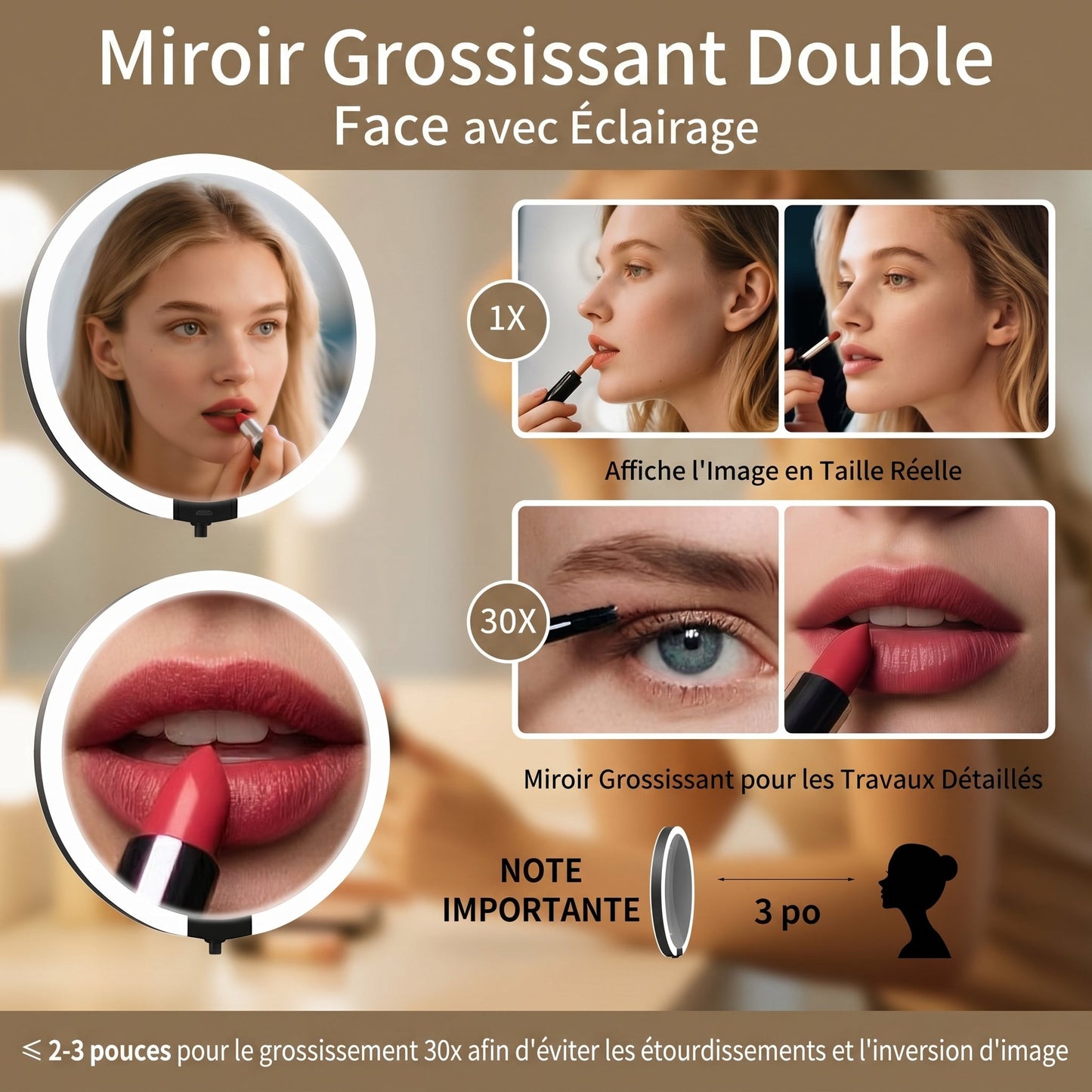 Miravox – Miroir de Maquillage LED Double Face Grossissant