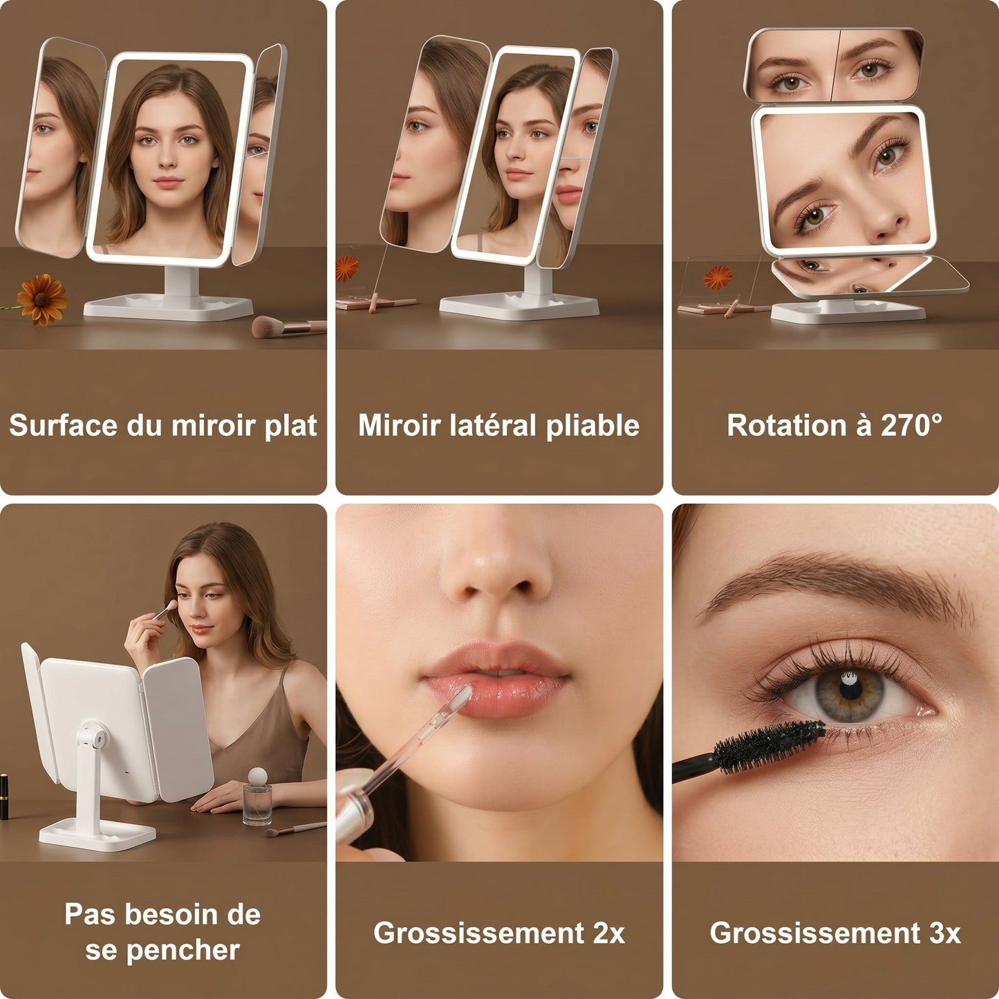 Lumirève – Miroir Coiffeuse LED Triptyque