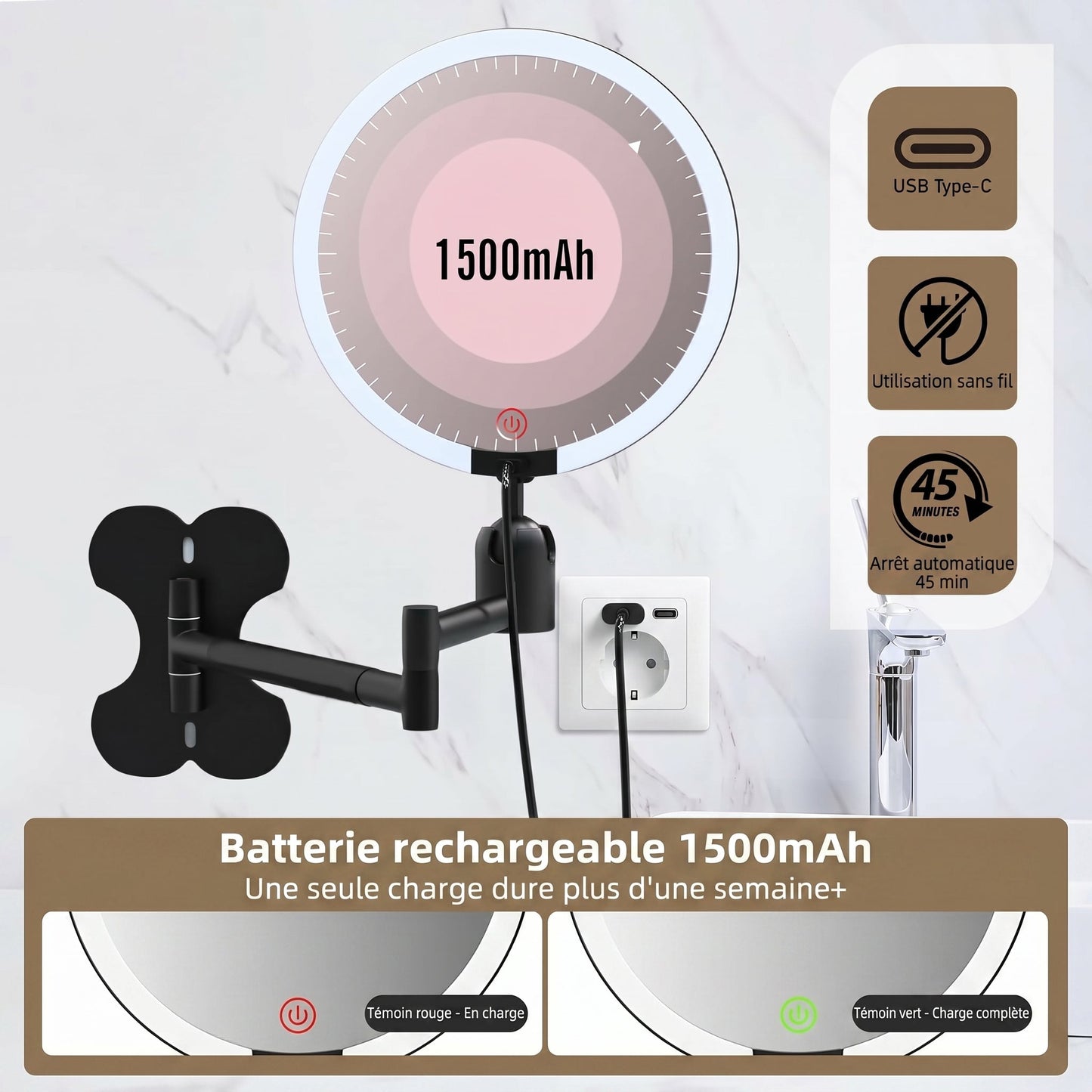 Lumivara – Miroir de Maquillage LED Mural