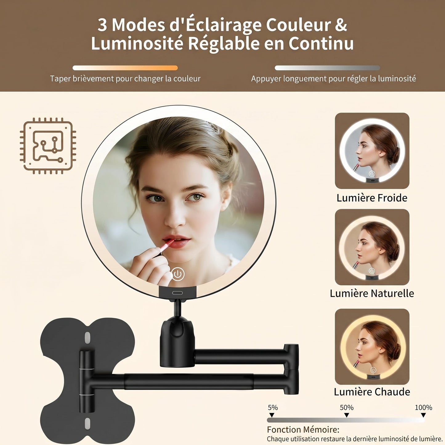 Lumivara – Miroir de Maquillage LED Mural